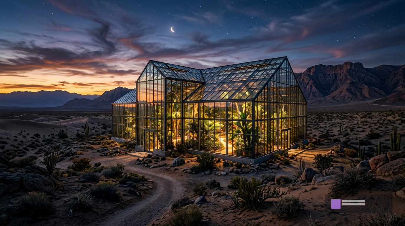 A glass greenhouse in the desert